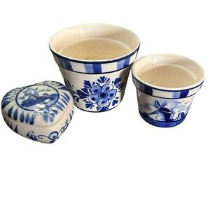 Collection Hand Painted Delft Blue Pottery Pieces 2 Mini Pots One Trinket Heart